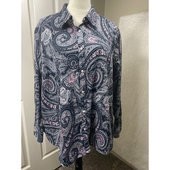Chaps Classics Women 3X Paisley Print No Iron Button Down Shirt Long Sleeve - Picture 1 of 7